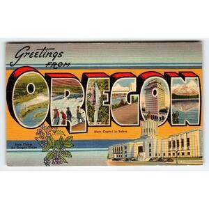 Vintage Oregon Linen Postcard State Capitol Salem 1940s Tichnor Large Letter